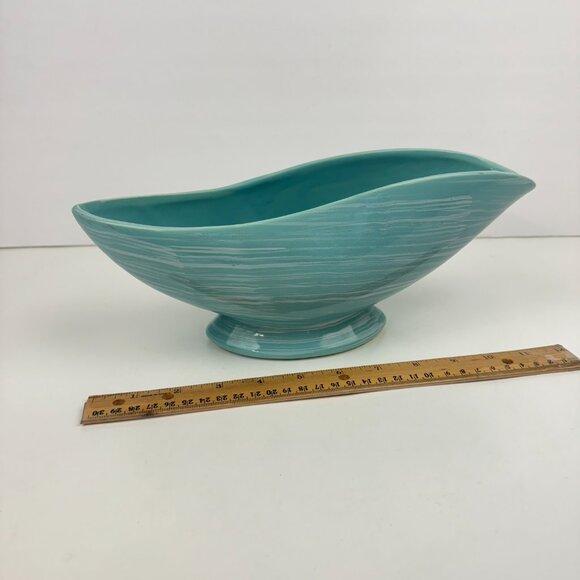 Vtg McCoy USA Pottery Teal Blue w White Lines Planter Pot Bowl Dish Swirl Shape